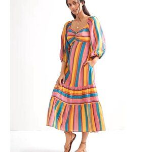 Farm Rio X Anthropologie Sweetheart Neckline Rainbow Stripe Midi Dress Cottage